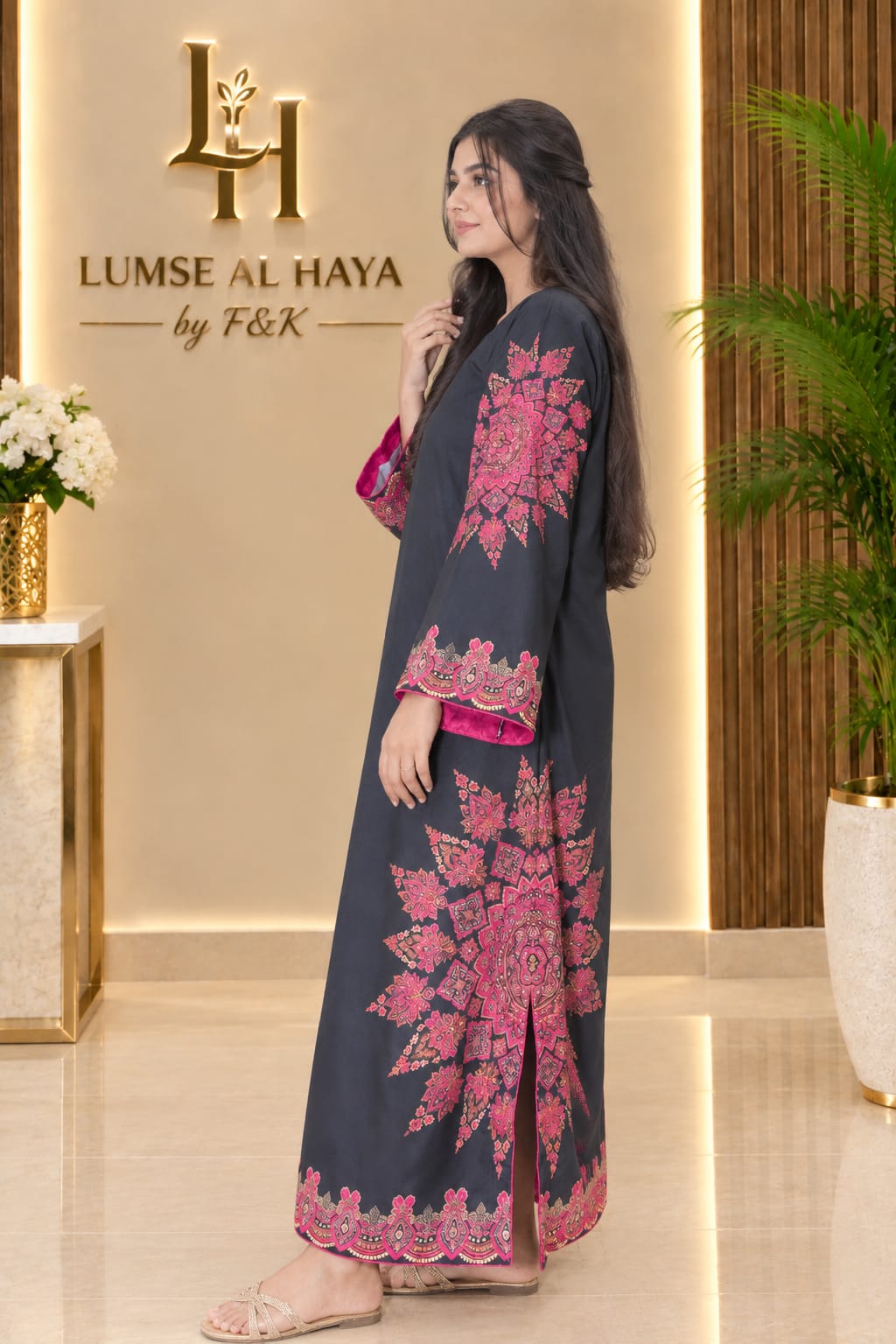 Rang-e-Gul – Elegant Black & Pink Printed Kaftan