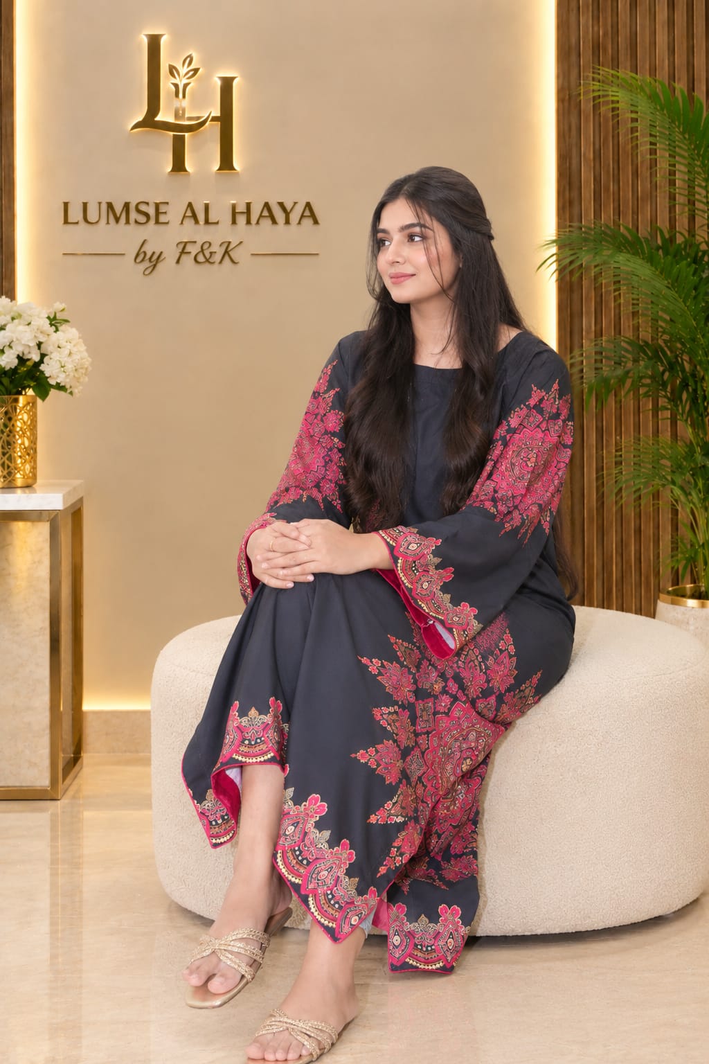 Rang-e-Gul – Elegant Black & Pink Printed Kaftan