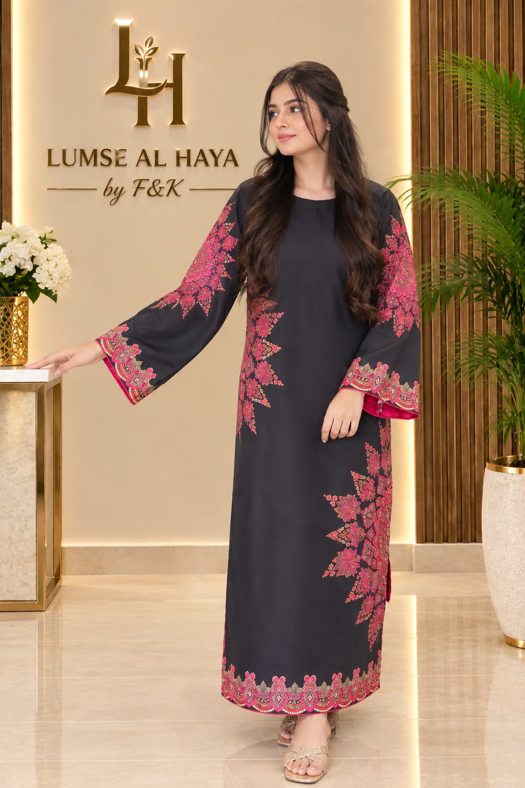 Rang-e-Gul – Elegant Black & Pink Printed Kaftan