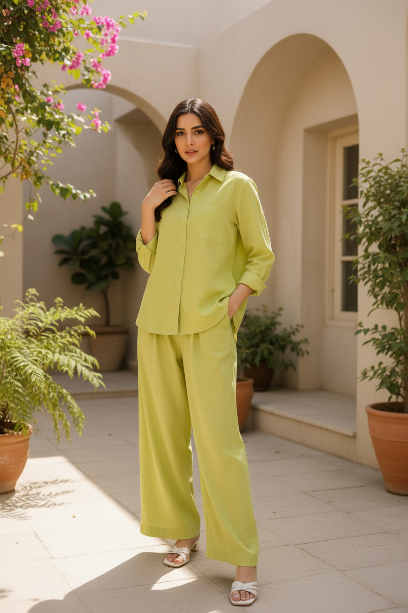 Lime Green Lawn Co-ord Set | Shirt & Trouser