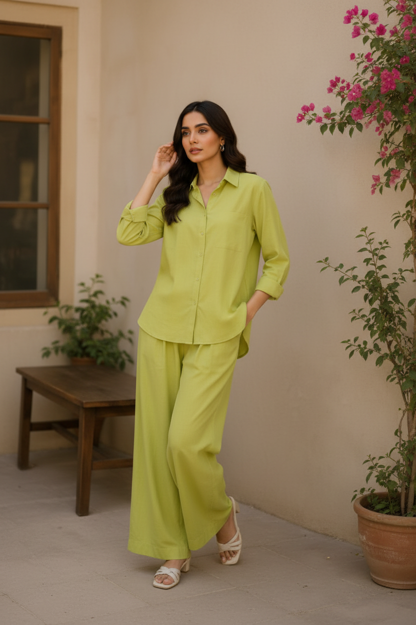 Lime Green Lawn Co-ord Set | Shirt & Trouser