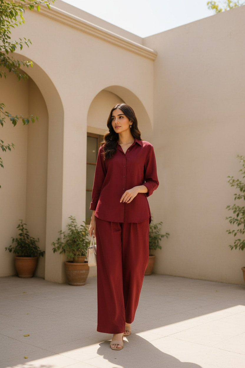 Maroon Lawn Co-ord Set | Shirt & Trouser
