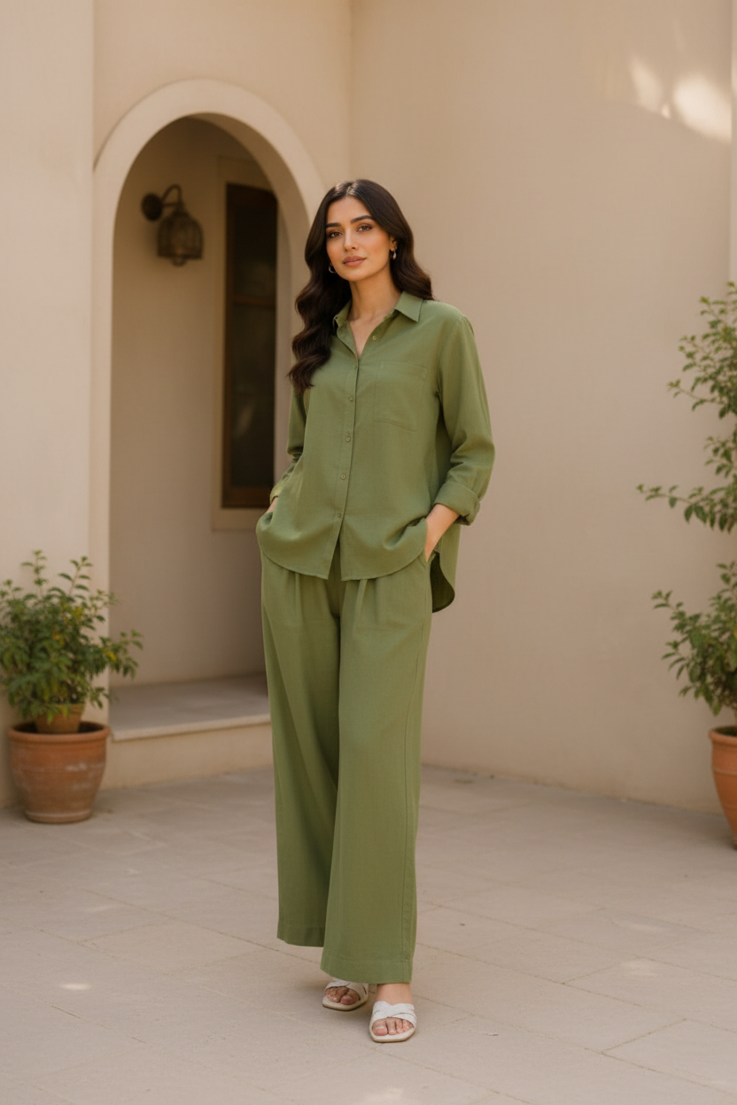 Olive Green Lawn Co-ord Set | Shirt & Trouser